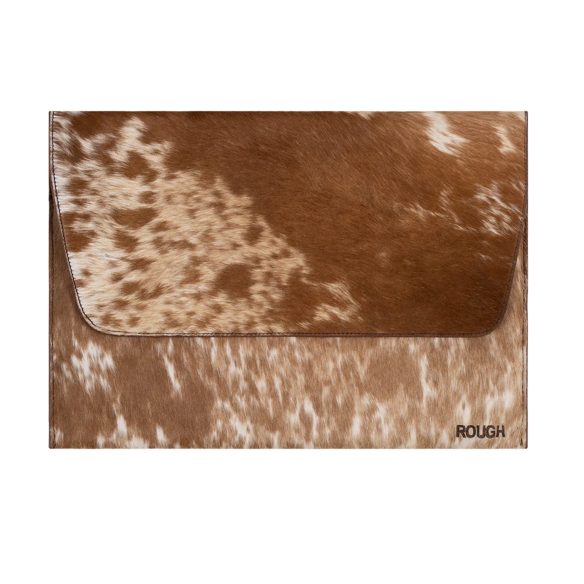 Maple cowhide laptop sleeve, light brown and cream hair-on hide, by ROUGH