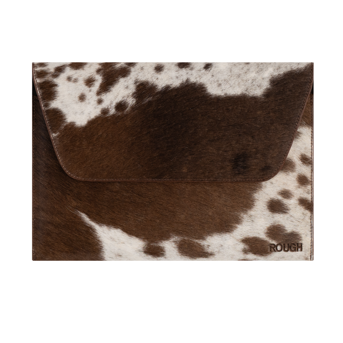 Aspen cowhide laptop sleeve, brown and white hair-on hide, by ROUGH