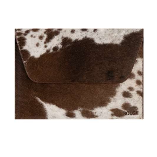 Aspen cowhide laptop sleeve, brown and white hair-on hide, by ROUGH